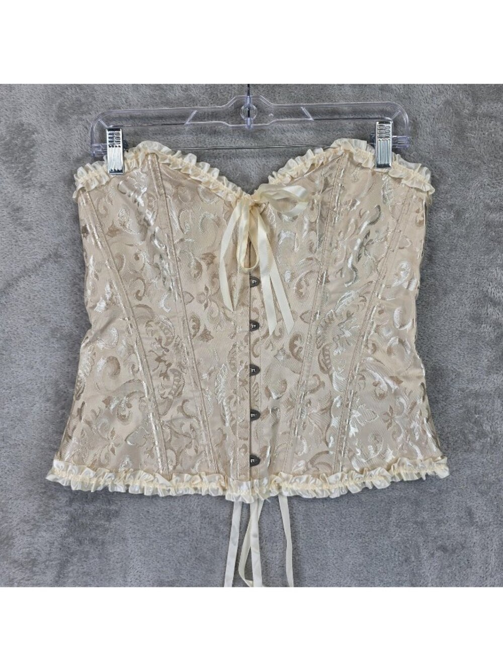 Corset Top Womens XL Cream Damask Floral Boned Ruffle Lace Up Bustier Overbust
